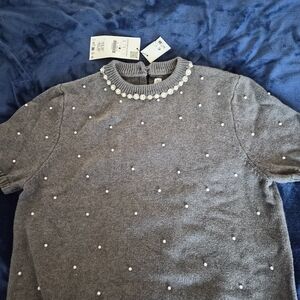Zara Gray Sweater with Pearl Accents Embellished New W Tags